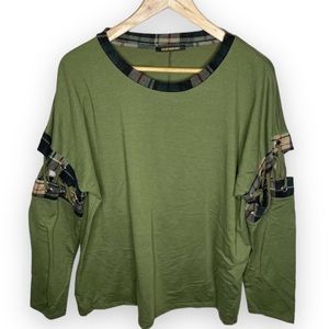 Bluheaven Green Lace Up Sleeve Plaid Detail Top